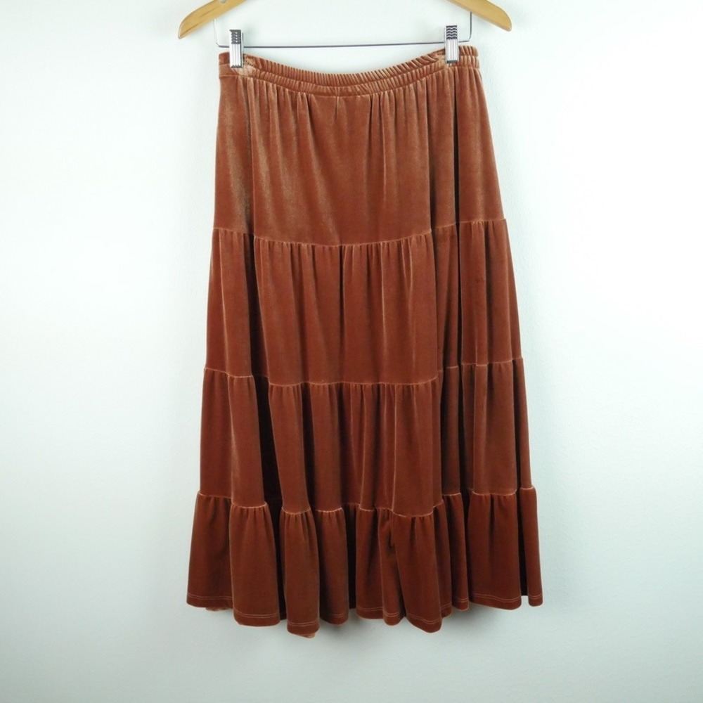 Vintage Y2K Rust Brown Velvet Tiered Midi Skirt Fairy Grunge NWT M Whimsigoth - Picture 7 of 7